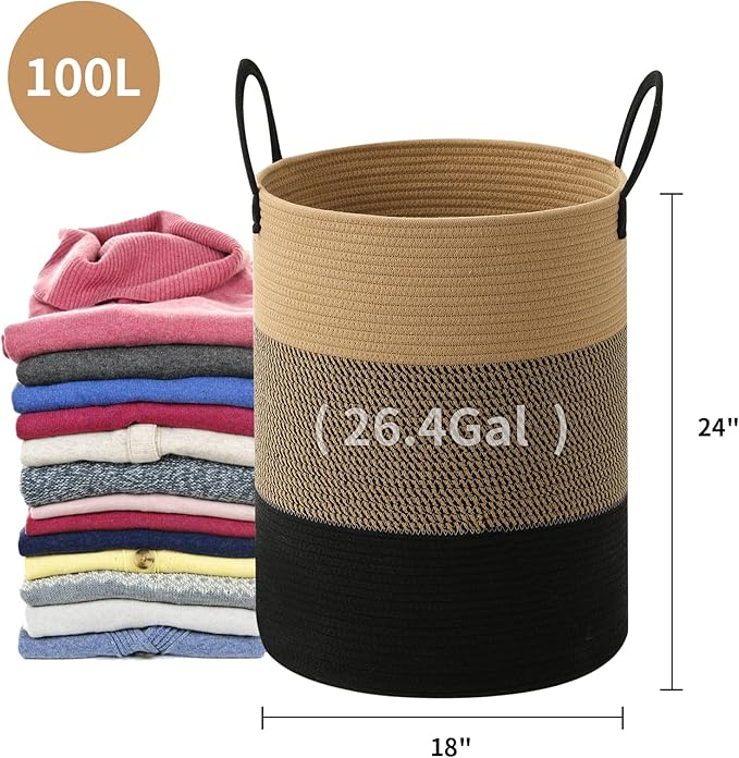 Laundry Basket Hamper Tall Rope Storage Woven for Blanket toys Dirty Clothes in Living Room Bathroom Bedroom (Jute Brown & Black, 100L/26.4Gal)