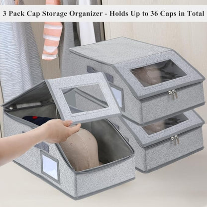 3 Pack Stackable Hat Organizer for Baseball Caps – Holds Up to 36 Caps, Foldable & Portable with Handles, Dust-Proof Fabric Storage Box with Clear Window, Space-Saving Grey Closet Organizer