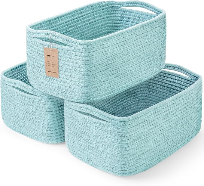 3-Pack Storage Baskets for Organizing | Woven Shelf Toy Basket | Rope Baskets for Gifts Empty | Closet Organizer Bins with Handles | Cube Decorative Box | 13.7×7.1×6.7” | Light Blue