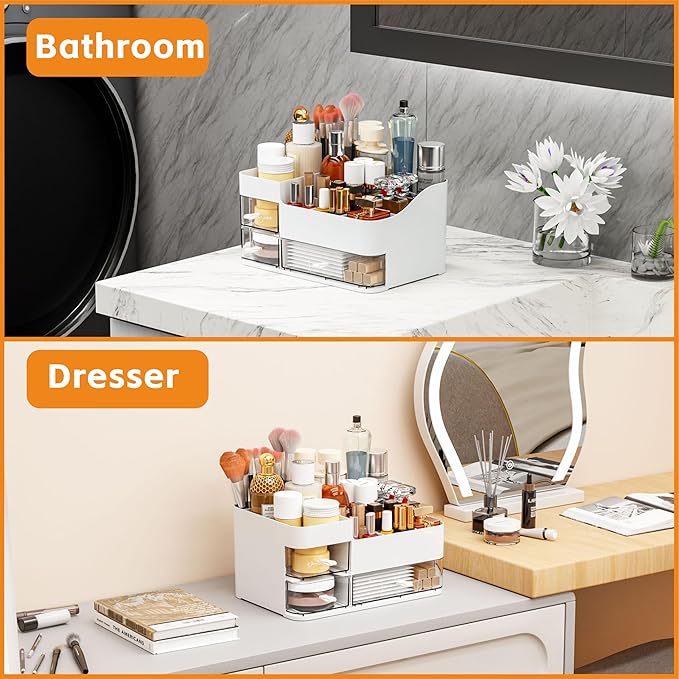 White Makeup Organizer With Drawers,Large Skincare Organizers for Countertop,Desk,Dresser,Plastic Bathroom Counter Organizer for Brush,Palettes,Perfume,Beauty Products Organization,Skin Care Storage