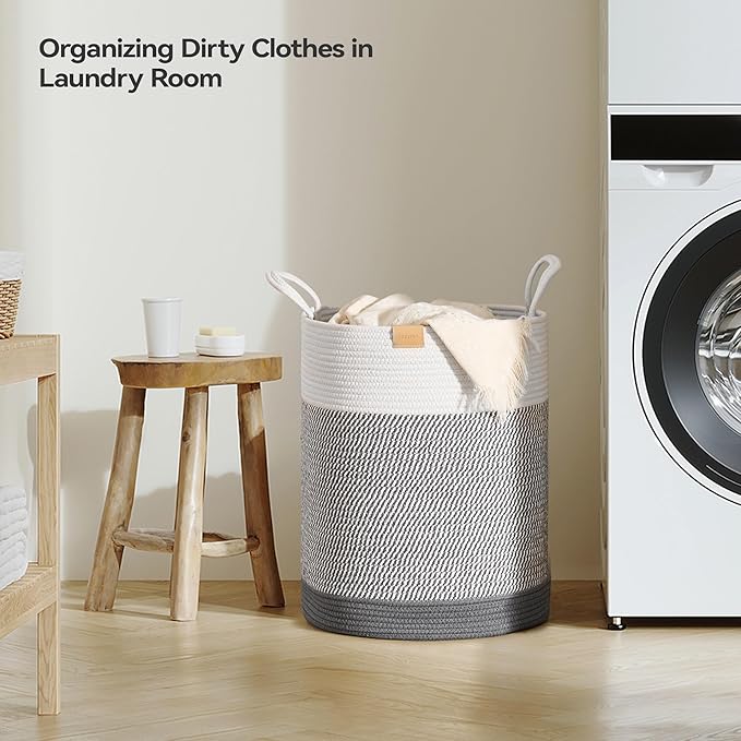 Nunsino Laundry Hamper 62L,Large Laundry Basket for Clothes,Decorative Storage Basket for Blankets,Cotton Rope Woven basket for bedroom,Grey White