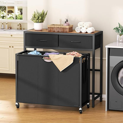 Laundry Sorter 3 Section with Tabletop & 2 Drawers, Rolling Laundry Hamper with Pull-Out and Removable Bags, Laundry Basket Organizer with Wheels and Shelf, Metal Frame Rustic Brown for Laundry Room