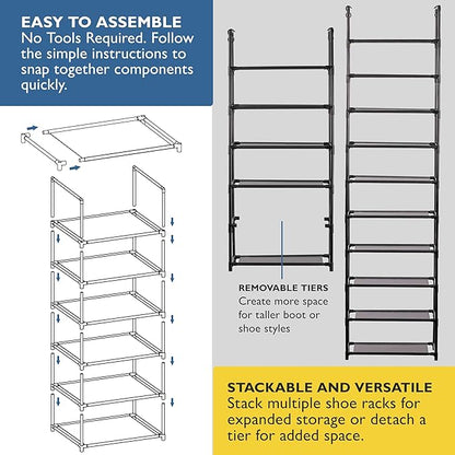 Sundaze Shoe Rack - 6 Tier Tall Shoe Rack for Closet, Sturdy Stackable Shoe Organizer for Closet, Bedroom, Entryway, Garage, Non Woven Fabric Shelf, Black, Holds 12-18 Pairs