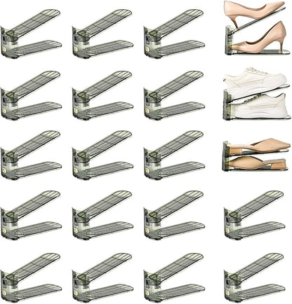 20 Pack Shoe Slots Organizer Adjustable Level Shoe Stacker Holder Storage Space Saving Sneakers Display Tray Rack for Closet (Green Transparent, 20 Pack)