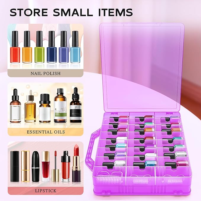 DreamGenius Nail Polish Organizer Case for 48 Bottles with 2 Nail Separators, Double Side Gel Nail Polish Holder with Adjustable Dividers, Purple