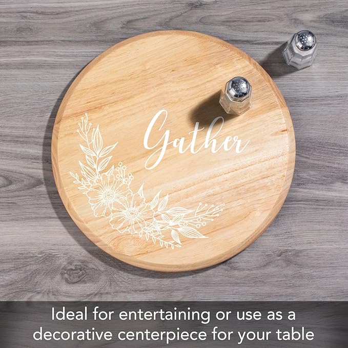 CounterArt Decorative Round Natural Wood Lazy Susan Turntable 14" Diameter Condiment Caddy, Cheese Server, Cake Plate, Spice Organization (Floral Gather)