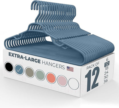Large & Wide Heavy Duty Clothes Hangers 12 Pack – Made in USA – Ideal for Plus Size Clothing – 10lb Plastic Hangers with Notches for Oversized Adult Coats & Pants – Blue