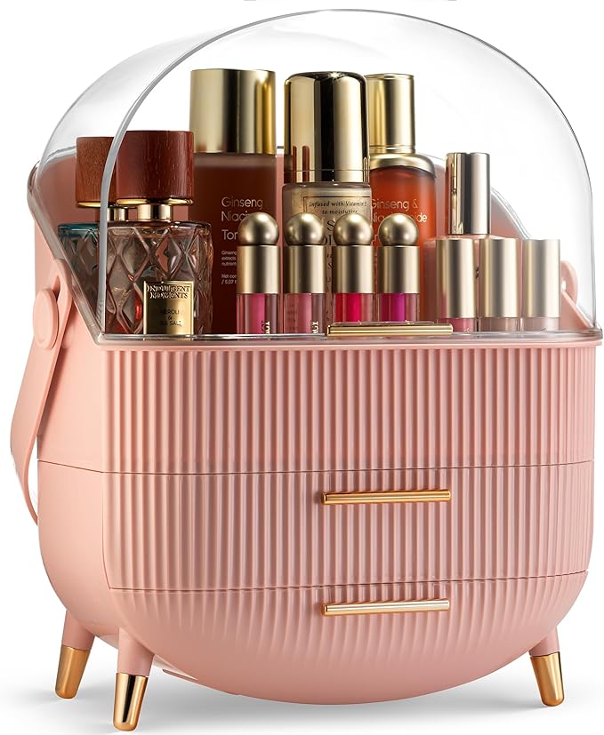 Covered Makeup Cosmetic Countertop - Large Cosmetic Organizer - Trendy Oval Shape Storage for Skin Care Organizer - Clear Lid, Storage Drawers, Carry Handle - Cute Stylish Decor Solution (Pink)