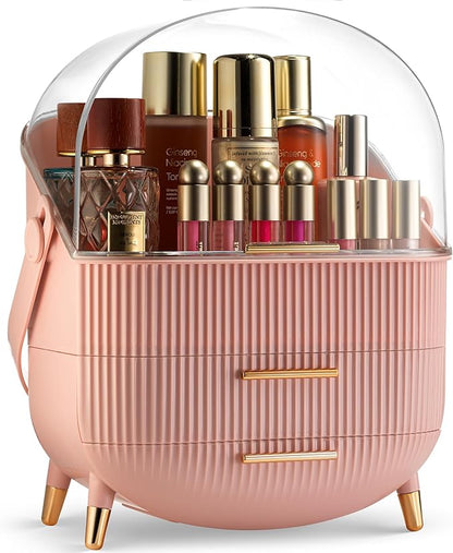 Covered Makeup Cosmetic Countertop - Large Cosmetic Organizer - Trendy Oval Shape Storage for Skin Care Organizer - Clear Lid, Storage Drawers, Carry Handle - Cute Stylish Decor Solution (Pink)