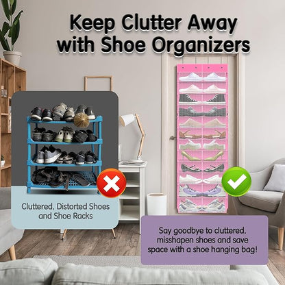 Kotkn Over The Door Shoe Organizer with 12 Large Breathable Pockets - Durable Hanging Storage for the Entire Family's Shoes (Pink)