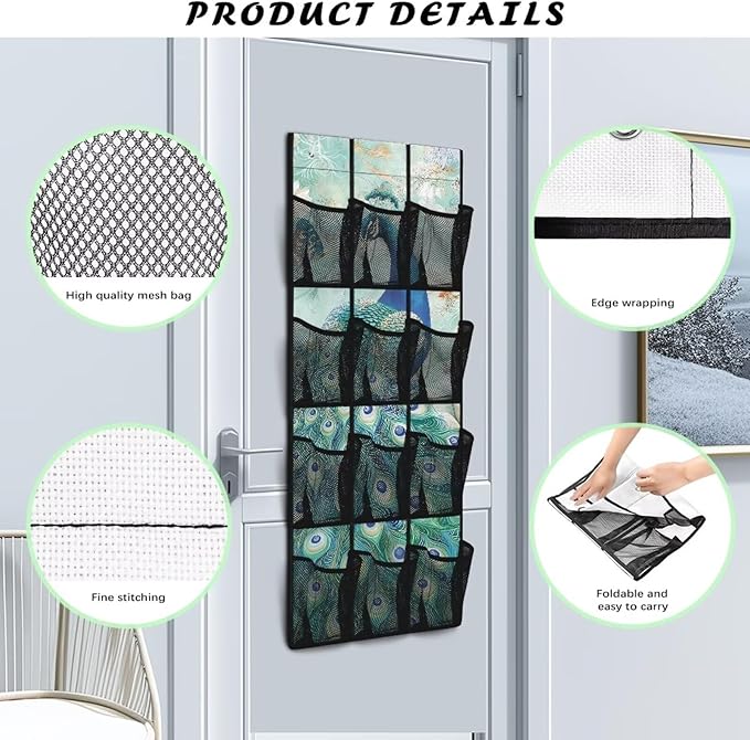 Over The Door Organizer Hanging, Behind The Door Storage, Closet Door Organizer with 12 Mesh Pockets for Bedroom,Peacock