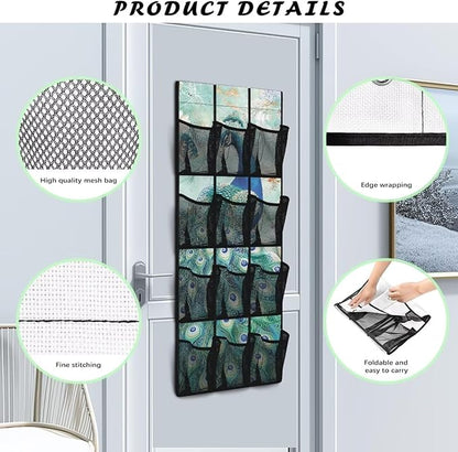 Over The Door Organizer Hanging, Behind The Door Storage, Closet Door Organizer with 12 Mesh Pockets for Bedroom,Peacock