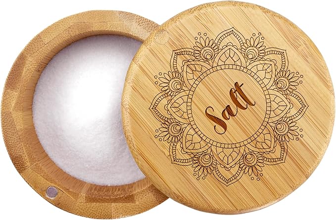 Totally Bamboo Salt Cellar Bamboo Storage Box with Magnetic Swivel Lid, 6 Ounce Capacity, Mandala Flower Engraved on Lid