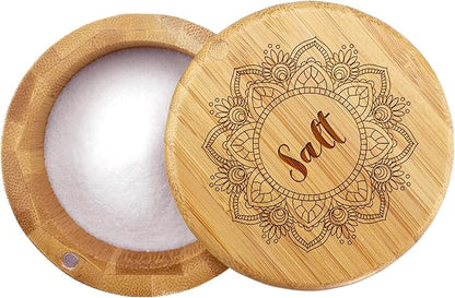 Totally Bamboo Salt Cellar Bamboo Storage Box with Magnetic Swivel Lid, 6 Ounce Capacity, Mandala Flower Engraved on Lid