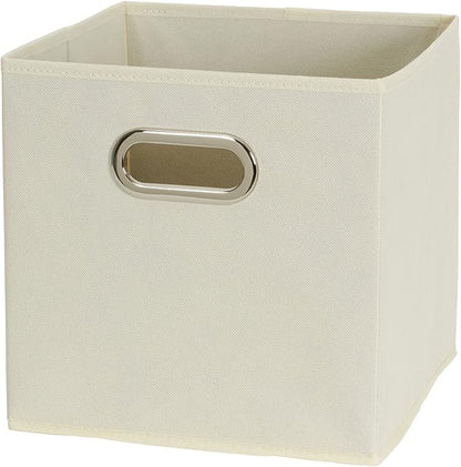 Fabric Storage Bins 6 Piece Set, Strong Poly-Woven Fabric, Sturdy Chipboard Sides, Grommet Front Handle, Stackable and Foldable, Classic Design, Cream