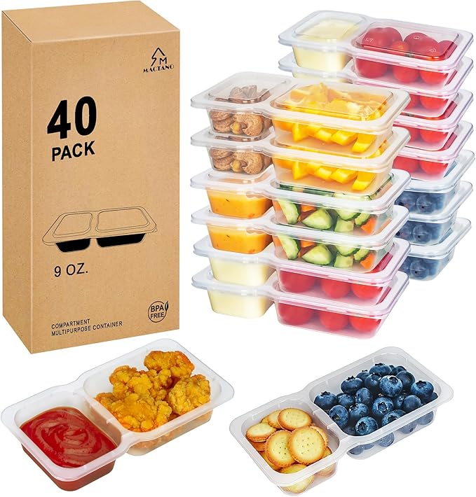 MACTANO Reusable Snack Containers with Lids, 9 oz Double Compartment Plastic Snack Pack Containers Portion Control Meal Prep Snack Boxes BPA Free 40 Sets for Work Travel School