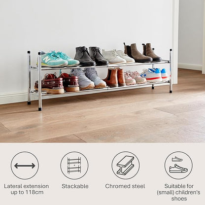 Love it Store it Metal Shoe Rack - Slim Open Shelf for up to 10 Pairs of Shoes - Extendable Stackable Very Stable - Chrome