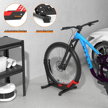 ALIXUEQIN Bike Stand Floor, Portable Bike Storage for Garage - Fit for 24"-29" Bikes, Tire Width up to 3.5", Road & Mountain Bicycle Stand, Front and Rear Wheel Parking Rack - Red