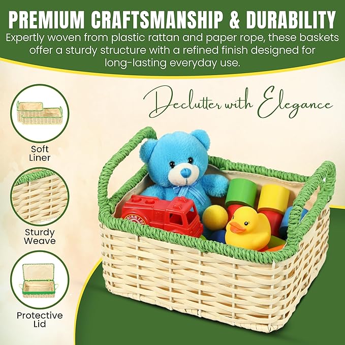 Scalloped Hyacinth Wicker Basket for Toy Storage | 3 Pack Woven Storage Baskets | Decorative Storage Baskets for Shelves | Rattan Baskets for Bedroom By NovaHeavensNest (Beige & Green Liner)