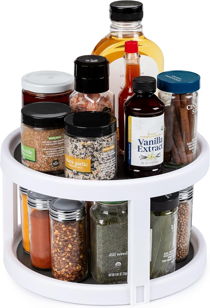 Kitchen Spaces Two-Tier Lazy Susan Organizer, Cabinet Turntable Shelf Storage for Kitchen and Pantry Items, Great for Spices or Condiments, Non-Skid, Sturdy with Full Spin, White
