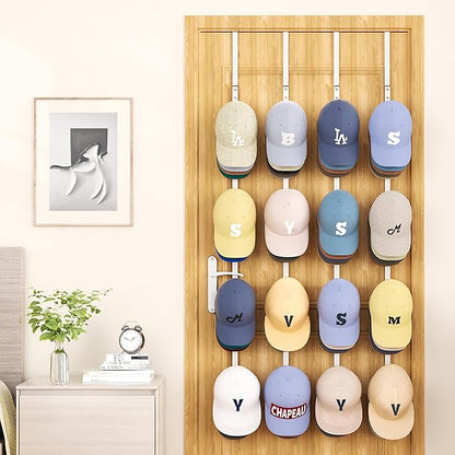 SWTYMIKI Over Door Hat Organizer - 4 Packs Metal Hanging Hat Rack with 16 Hooks Design, Baseball Cap Hanger Organizer Storage Holds up to 80 Caps for Door, Bedroom, Closet
