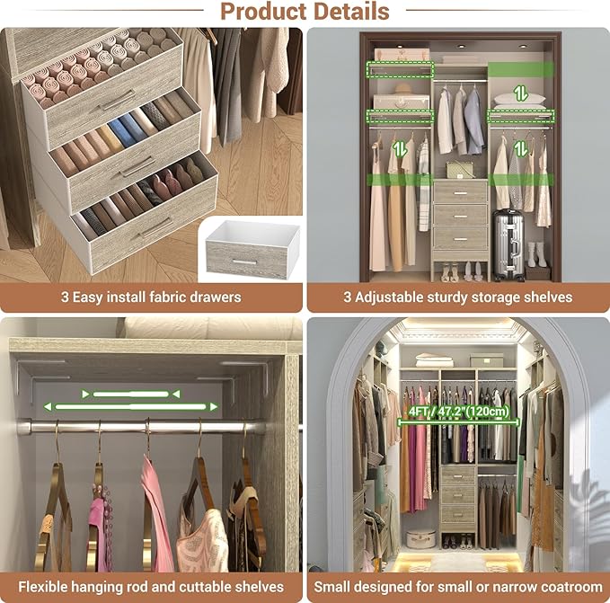 Besiost 4FT Small Closet System with 3 Fabric Drawers, 48'' Closet Organizer System With 3 Adjustable Shelves, Flexible Built-In Clothes Garment Rack for Small Space, 48"L x 13"W x 71"H, White Oak
