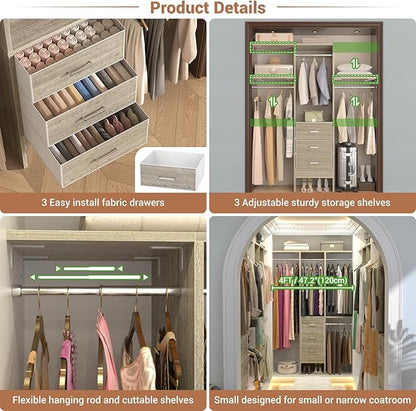 Besiost 4FT Small Closet System with 3 Fabric Drawers, 48'' Closet Organizer System With 3 Adjustable Shelves, Flexible Built-In Clothes Garment Rack for Small Space, 48"L x 13"W x 71"H, White Oak