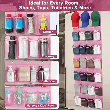 Over-the-Door Kids Shoe Organizer, Pink Shoe Rack for Door, 24 Crystal Clear Pockets, Heavy-Duty Hanging Organizer, 3 Metal Hooks for Toddler Shoes