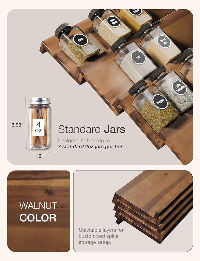 Tinamo Acacia Wooden Spice Rack Organizer for Cabinet - Spice Drawer Insert, Spice Organization for Cabinet, Seasoning Organizer, Spice Holder Pack of 8 (Walnut, Pack 8)