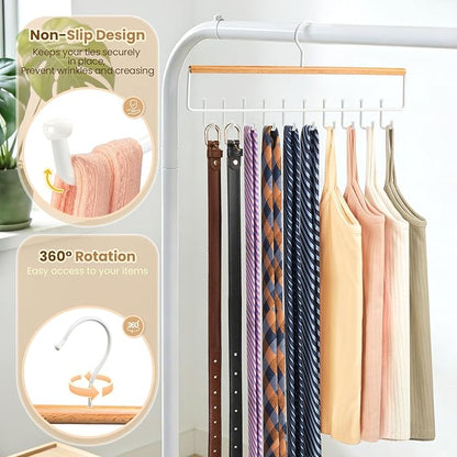 2PCS Tie Rack Hanger for Closet Upgraded 2-in-1 Tie and Belt Hanger Non Slip Tie Rack with 20 Hooks Tie Hanger Space Saving Wooden Belt Tie Organizer for Tank Tops Bras Cami Scarves, Wooden