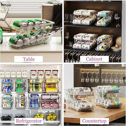 HYGRAD BUILT TO SURVIVE Clear Expandable Soda Can Organizer For Pantry, 13.77” D x 9. 37” W x 6.41” H Stackable Beverage Pop Can Holder Dispenser For Refrigerator, Kitchen Storage Holds 10 Cans