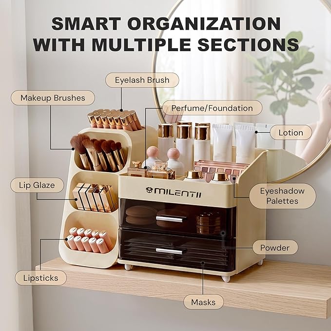 Makeup Organizer with Drawers, Large Capacity Cosmetic & Skincare Storage Box, Countertop Vanity Organizer for Bathroom, Bedroom & Dresser, ABS Plastic Makeup Storage Organizer, Ivory