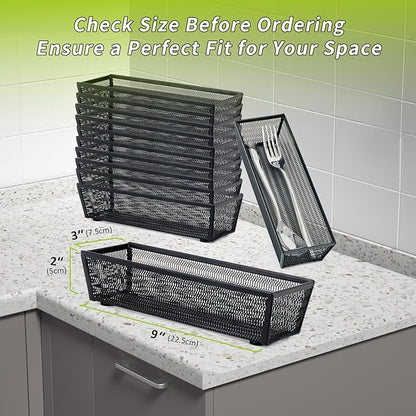 Neudeco Silverware Organizer,Mesh Drawer Organizer for Kitchen，Metal Utensil Organizer for Flatware, Knives, Spoons,Cosmetic (Black 9 * 3 * 2 inch Pack12)