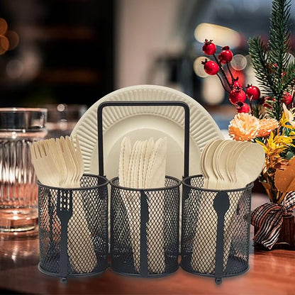 DysanVica Utensil Caddy Silverware Holder - 4 Compartment Metal Mesh Cutlery Fork Spoon Napkin Plate Organizer Flatware Storage Basket Party Kitchen Countertop Buffet Picnic Camping Outdoor BBQ Black