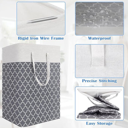 BlissTotes 3-Pack Laundry Basket, Freestanding＆Waterproof Laundry Hamper, Collapsible Tall Clothes Hamper with Easy Carry Handles for Clothes, Towels in the Family and Dorm,Clover Grey,88L