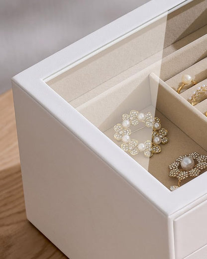 pickpiff Jewelry Box Organizer Case for Women: 4-Layer Jewelry Storage Case with Glass Window, Pure White Leather with Velvet Holder for Ring Necklace Bracelet Brooch Watch, Great Gift for Her