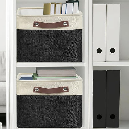 Simple Houseware 15" x 11" Large Fabric Storage Bin for Closet and Shelves, Leather Like Handles, 3 Pack, Black