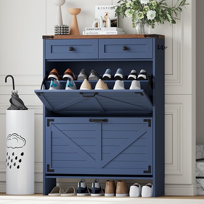 Shoe Storage Cabinet with 2 Flip Drawers & 2 Storage Drawers, Tall Narrow Slim Shoe Rack Organizer, Farmhouse Wood Hidden Shoe Cabinet for Entryway,Hallway, Blue