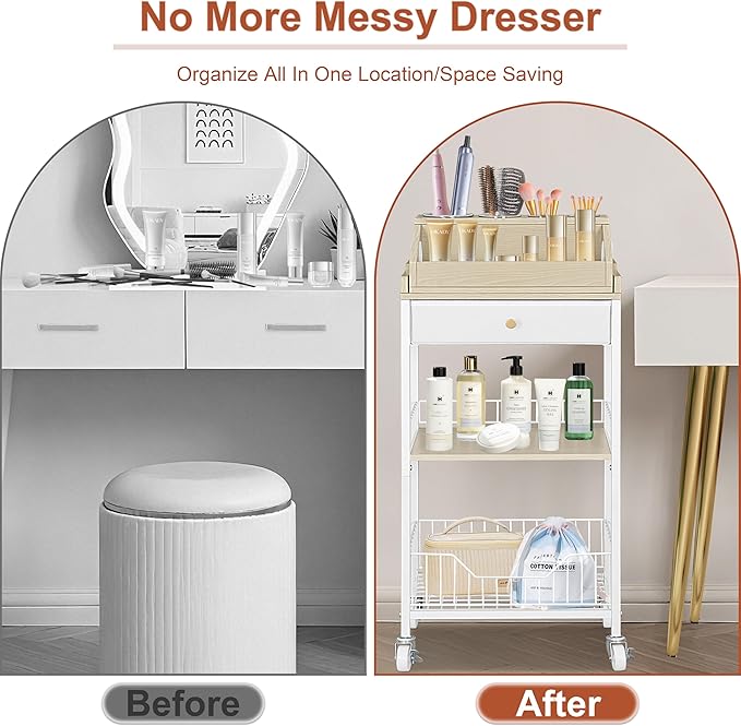 Makeup Organizer Cart with Removable Cosmetic Display Case, Large Makeup Cart with Drawer and 4 SS Tool Cups, 2-in-1 Vanity Organizer for Skincare Perfume Nail Polish Brush, White & Natural