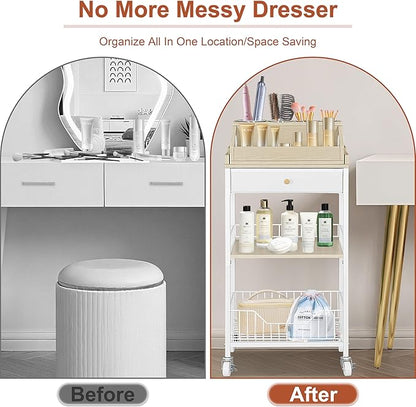 Makeup Organizer Cart with Removable Cosmetic Display Case, Large Makeup Cart with Drawer and 4 SS Tool Cups, 2-in-1 Vanity Organizer for Skincare Perfume Nail Polish Brush, White & Natural