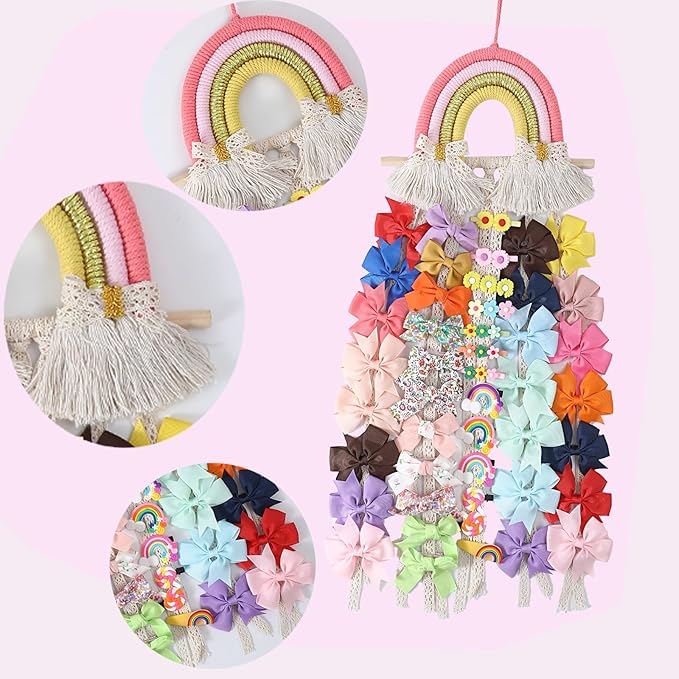 YOcity Bow Holder for Girls Rainbow Hair Bows Organizer for Girls with Lace Ribbon Perfect for Baby Girl Nursery Room Decor (Colorful)