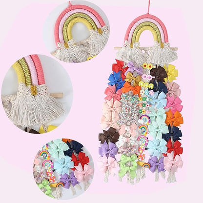 YOcity Bow Holder for Girls Rainbow Hair Bows Organizer for Girls with Lace Ribbon Perfect for Baby Girl Nursery Room Decor (Colorful)