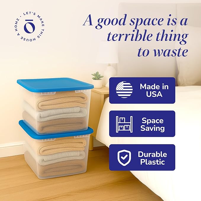 HOMZ 2-Pack Snaplock, Large Clear Plastic Storage Organizer Bins w/Lids, 56 Quart, Blue - Stackable Container Boxes for Bedroom, Bathroom, Garage, and Office Organization