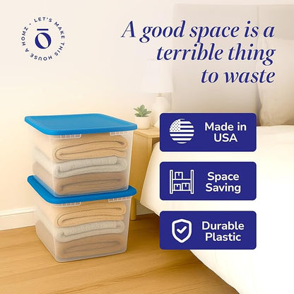 HOMZ 2-Pack Snaplock, Large Clear Plastic Storage Organizer Bins w/Lids, 56 Quart, Blue - Stackable Container Boxes for Bedroom, Bathroom, Garage, and Office Organization