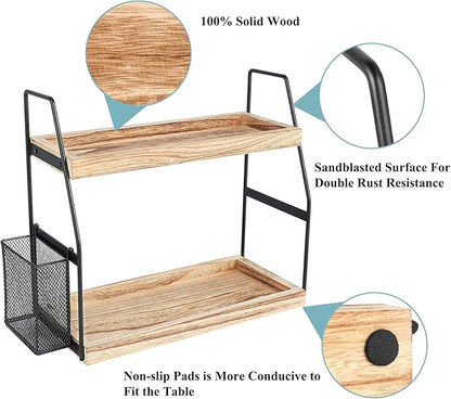 Bathroom Counter Organizer, 2-Tier Standing Storage Shelf with Basket, Wood Tray for Skincare Vanity Organizer