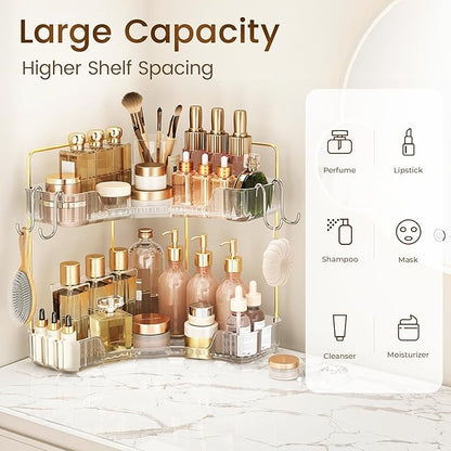 Corner Bathroom Counter Organizer 2 Tier Bathroom Organizers and Storage Countertop with Hooks Skin Care Exquisite Vanity Organizer Countertop Bathroom Storage Dresser, Kitchen-Clear