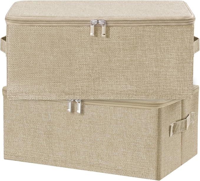 ANMINY 2PCS Storage Bins with Zipper Lids 13 Qt Lidded Fabric Storage Boxes Baskets Cubes with Handles Collapsible Washable Cotton Linen Closet Shelf Clothes Organizer Containers - Beige, Small