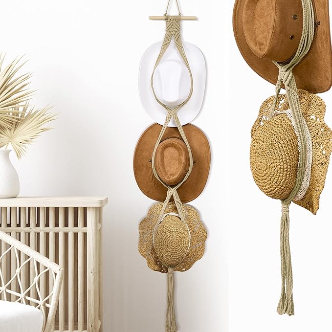 Yulejo Macrame Hat Hangers Racks Boho Cowboy Hats Holders Western Display Organizer Storage decor Back of Door for Wall(Beige,Three Hats Style)