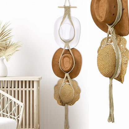 Yulejo Macrame Hat Hangers Racks Boho Cowboy Hats Holders Western Display Organizer Storage decor Back of Door for Wall(Beige,Three Hats Style)