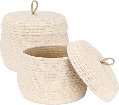 Sea Team Round Cotton Rope Storage Basket with Lid, Decorative Woven Storage Bin, Pot, Caddy, Organizer, Container for Snacks, Towels, Plants (Cream, Small/2-Pack)
